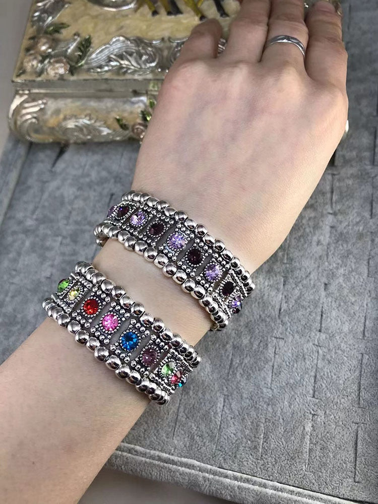 New Summer Bohemian Fashion Women Elastic Inlaid Color Rhinestone Alloy Bracelet