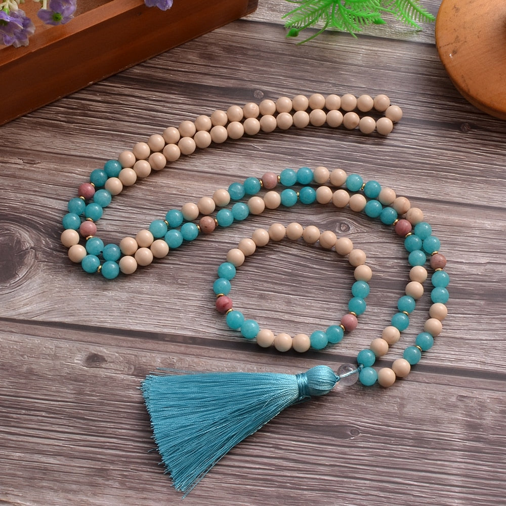 8mm White Fossil Aquamarine Beads108 Mala Necklace Bracelet Japamala Set