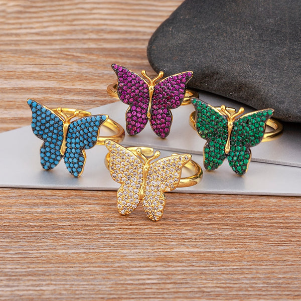 Fashion Design Opening High-Grade Copper Inlaid Zircon Lucky Butterfly Adjustable Ring