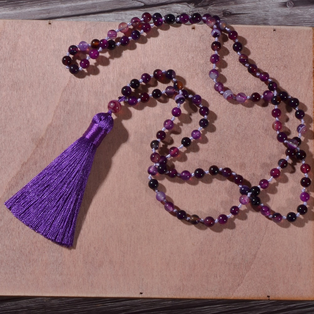 6mm Purple Striped Agate Beads Knotted 108 Mala Necklace