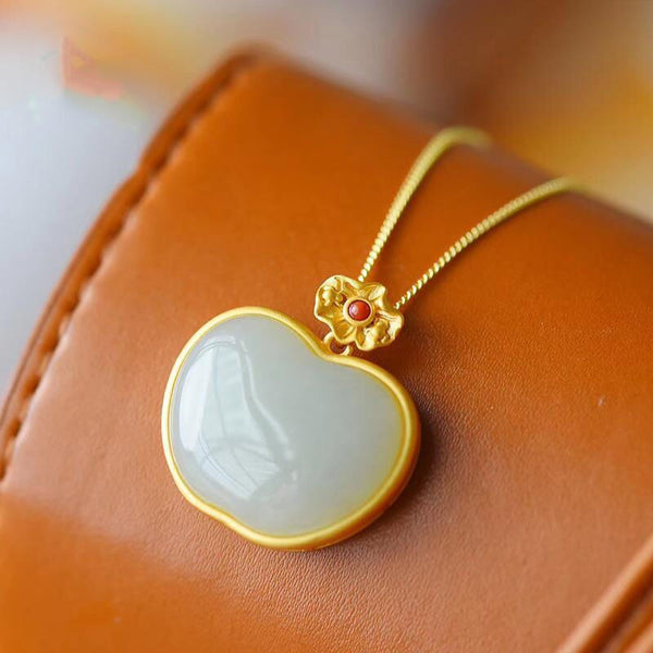 Natural Hetian White Jade Apple Shape Pendant Necklace