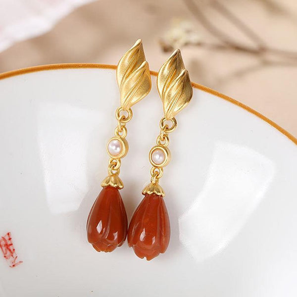 Ancient gold craftsmanship inlaid with southern red tourmaline pearl flower long earrings