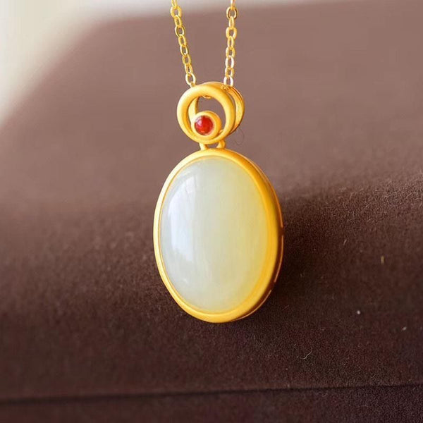 New silver inlaid natural Hetian white jade egg surface Oval Pendant Necklace