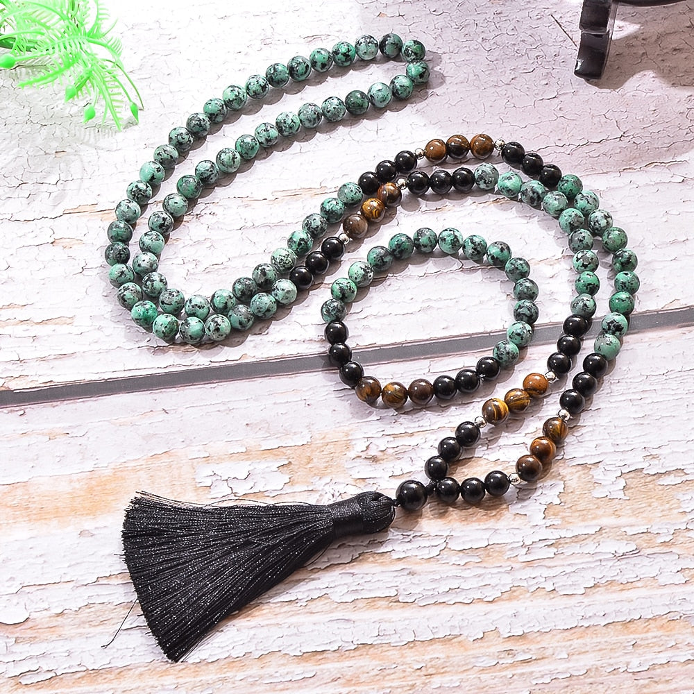 8mm African Turquoise Black Onyx Tiger Eye Beads Necklace Bracelet Japamala Set