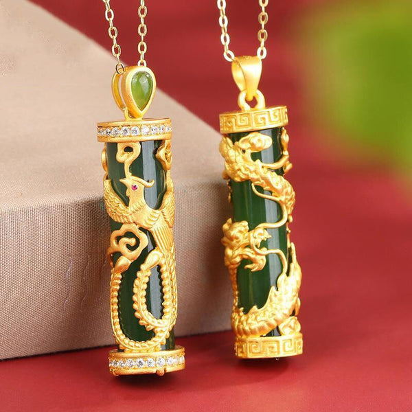 New ancient gold craftsmanship Hetian jade dragon pillar phoenix gilt necklace pendant