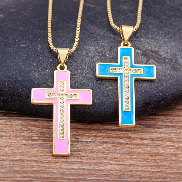 Classic Enamel Rainbow Cross Shiny Crystal Pendant Oil Drop Necklace Women