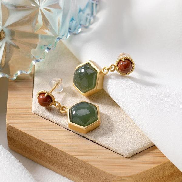 Natural Hetian Chrysoprase Hexagonal Geometric Earrings For Women