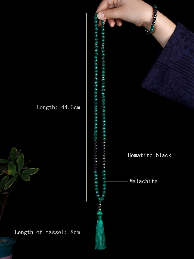 108 malachite stone beads Necklace With Cotton tassel Pendant