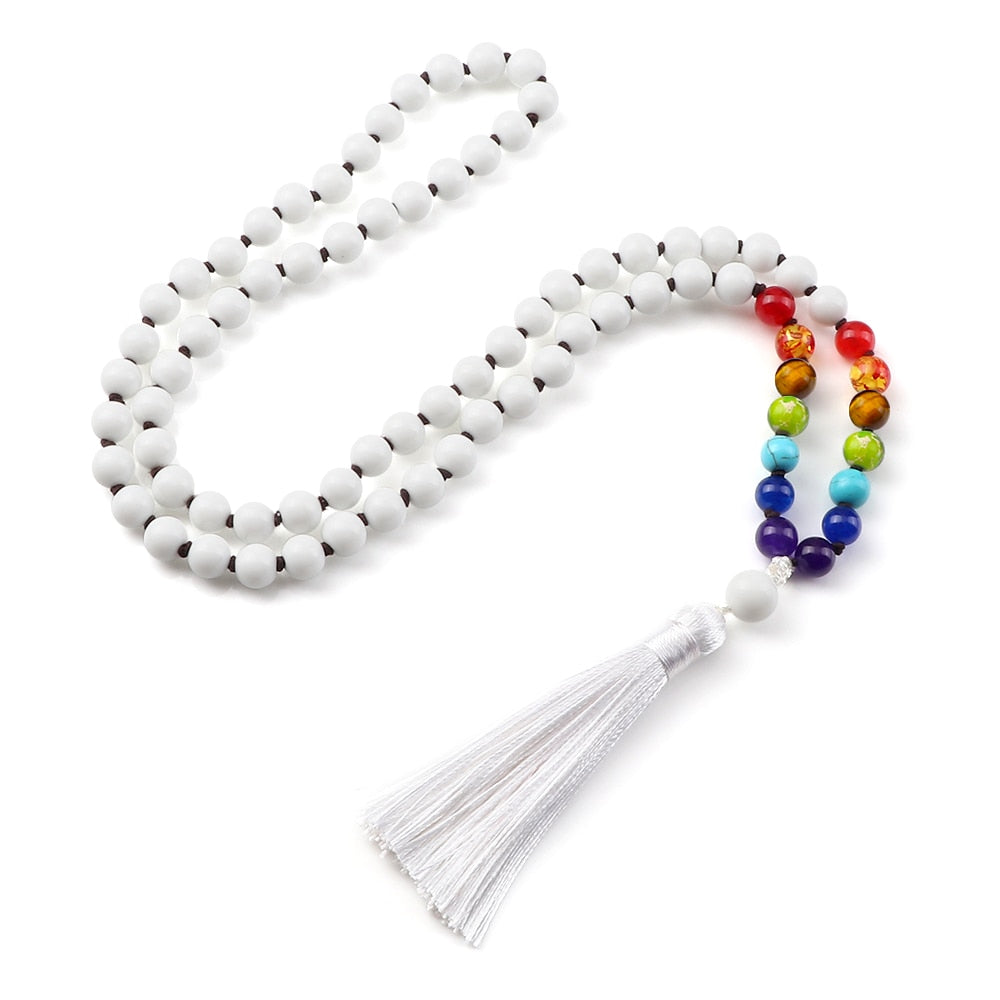 Women Bright White Color Beads Chakra Stretch Necklace