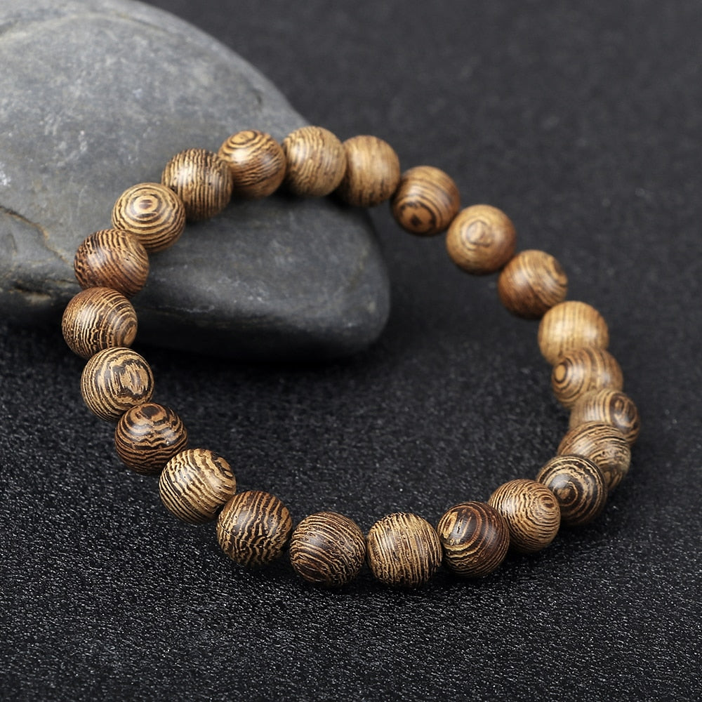 Vintage Men Bracelet 6 8 10 12mm Natural Wood Bead Tibetan Buddha Bracelet