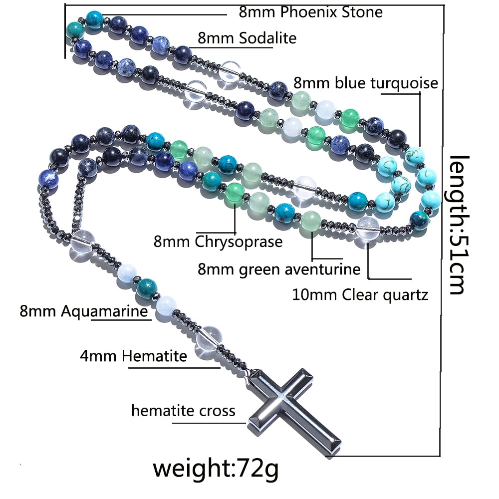 8mm Natural Stone Bead Hematite Cross Pendant For Men Women