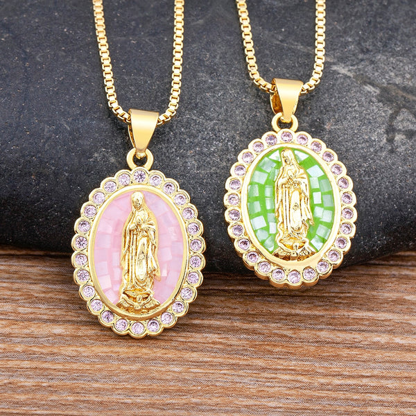 Top Quality Geometric Virgin Mary 4 Colors Shell Rhinestone Pendant Zircon Necklace