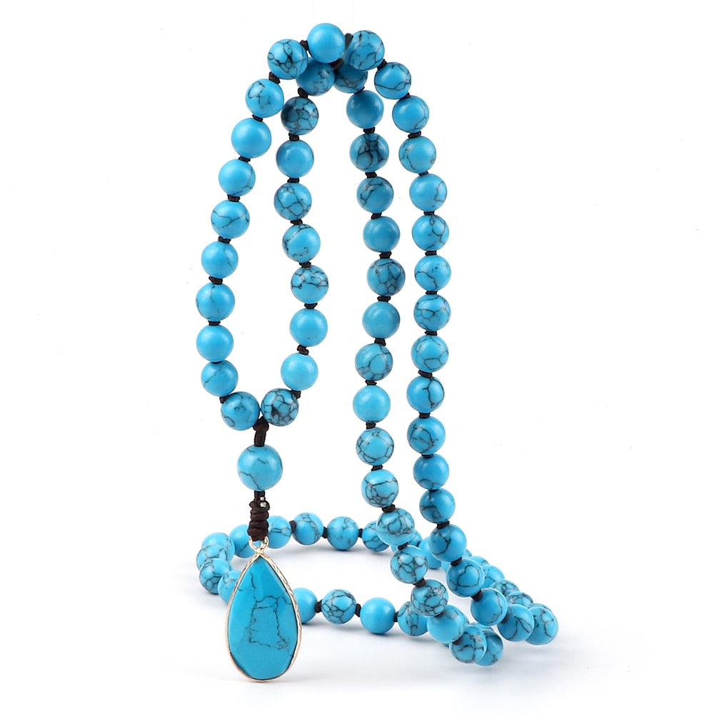 8mm Natural Blue Howlite Stone Beaded Necklaces For Women Bohomia Pendant Japamala Necklaces