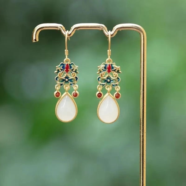 Natural Hetian white jade colorful enamel porcelain drop-shaped earrings