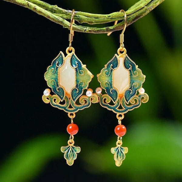 Original New Design Natural Hetian Jade Enamel Porcelain Pearl Long Earrings Women