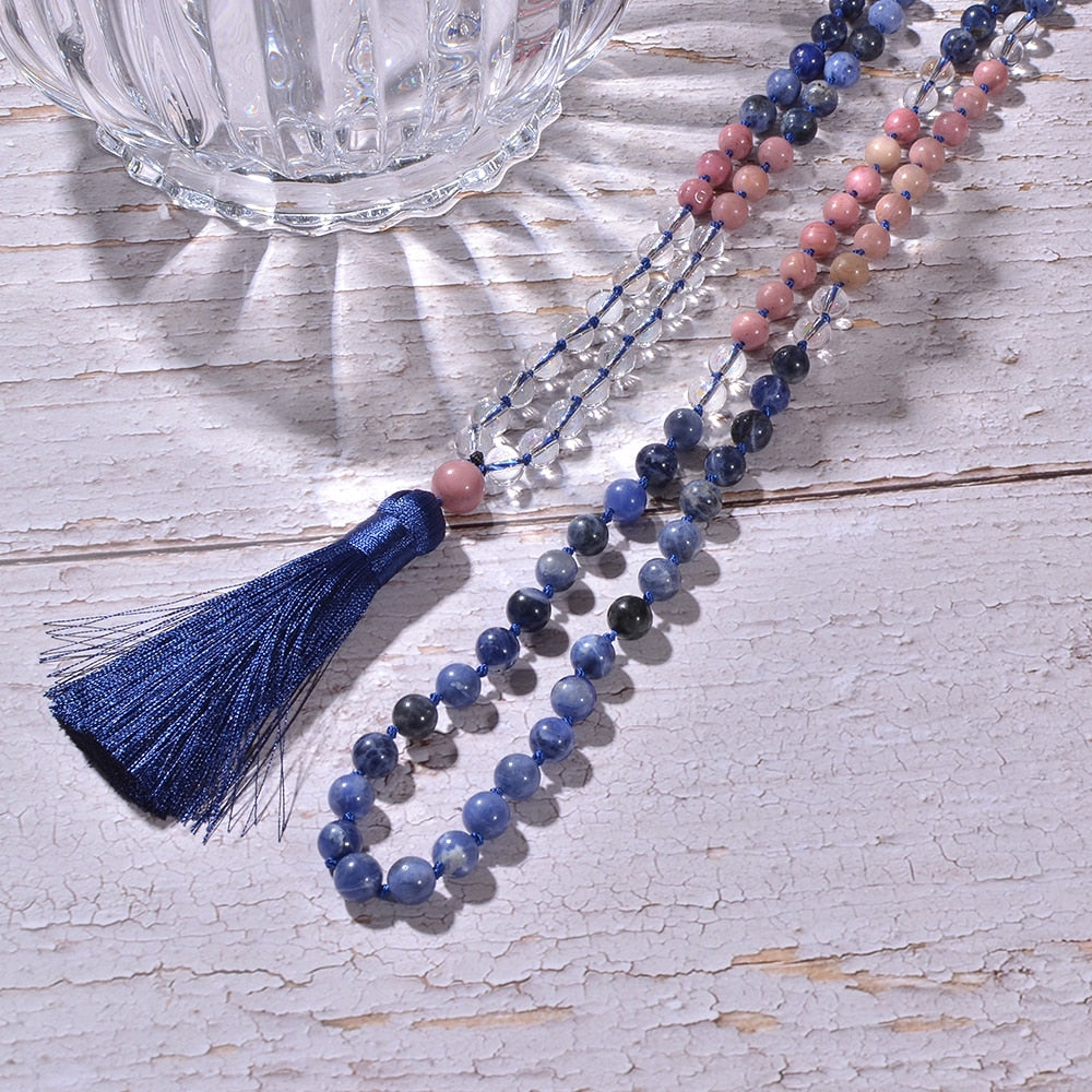 8mm Sodalite Rhodolite Beads Knotted 108 Mala Necklace