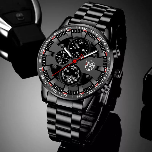 Mens Watches Fashion Luxury Men Black Stainless Steel Quartz Wristwatch