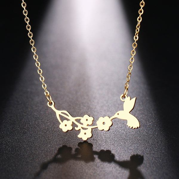 Stainless Steel Necklace Cute bird Flower Pendant Charm Necklace for women