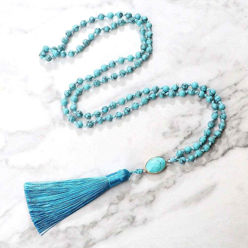 Natural Blue Pine Stone 108 Mala Beads Long Necklaces 6mm Natural Stone Pendant Women