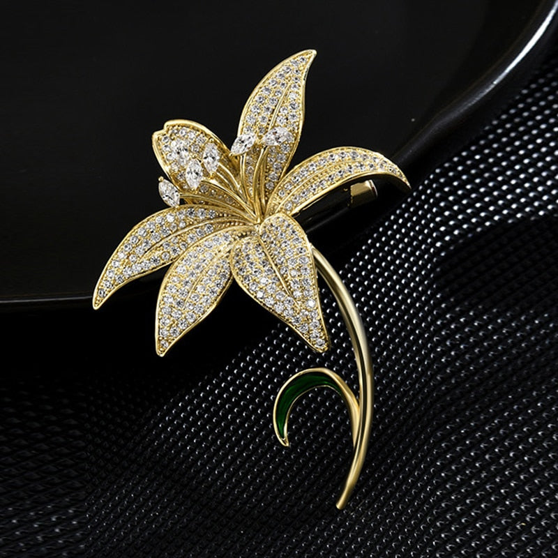 Luxury Copper Micro Inlaid Cubic Zirconia Lily Brooch