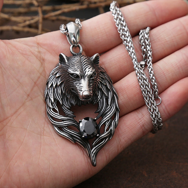 Vintage Viking Wolf Necklace Mens Chain Punk Street Rock Stainless Steel Odin Wolf Head Necklace