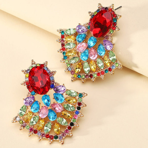 Bohemian Fashion Metal Hollow Full Colorful Crystal Big Stud Earrings For Women