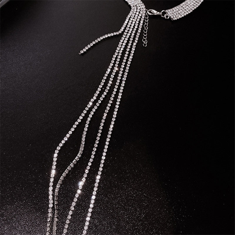 Shine Full Rhinestones Choker Necklaces for Women Long Tassel Crystal Necklaces