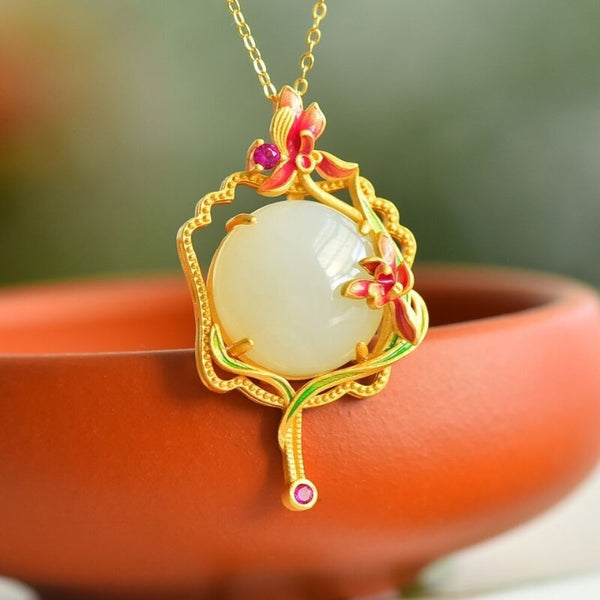 Natural Hetian Jade Enamel Porcelain Flower Pendant