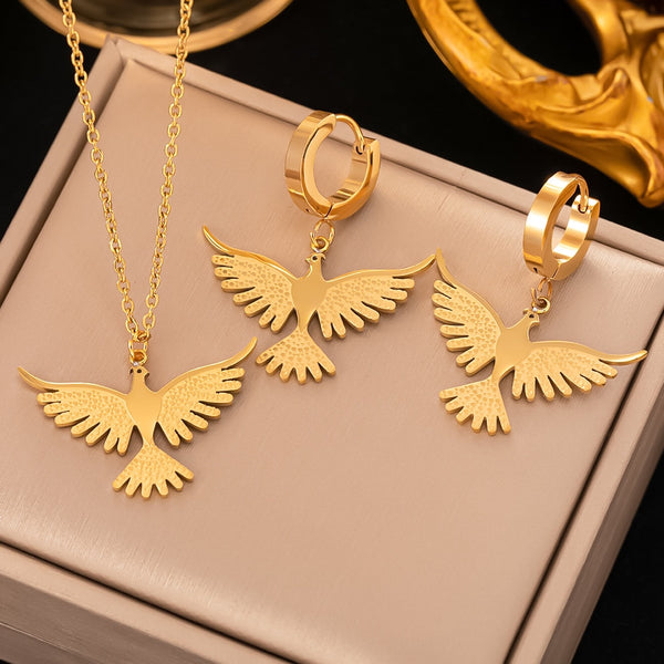 Gold Color Personality Punk Phoenix Pendant Necklace Earrings For Women