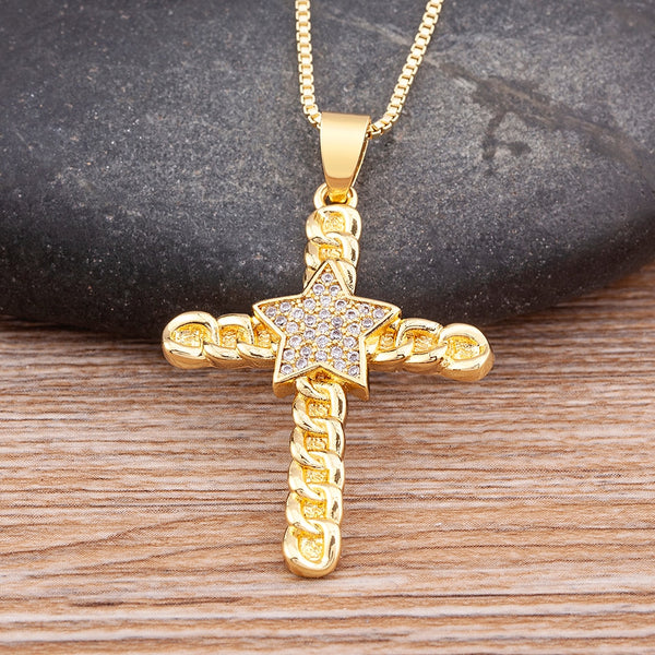 Hot Selling Copper Zircon Cross Inlaid Lucky Star Necklace Women