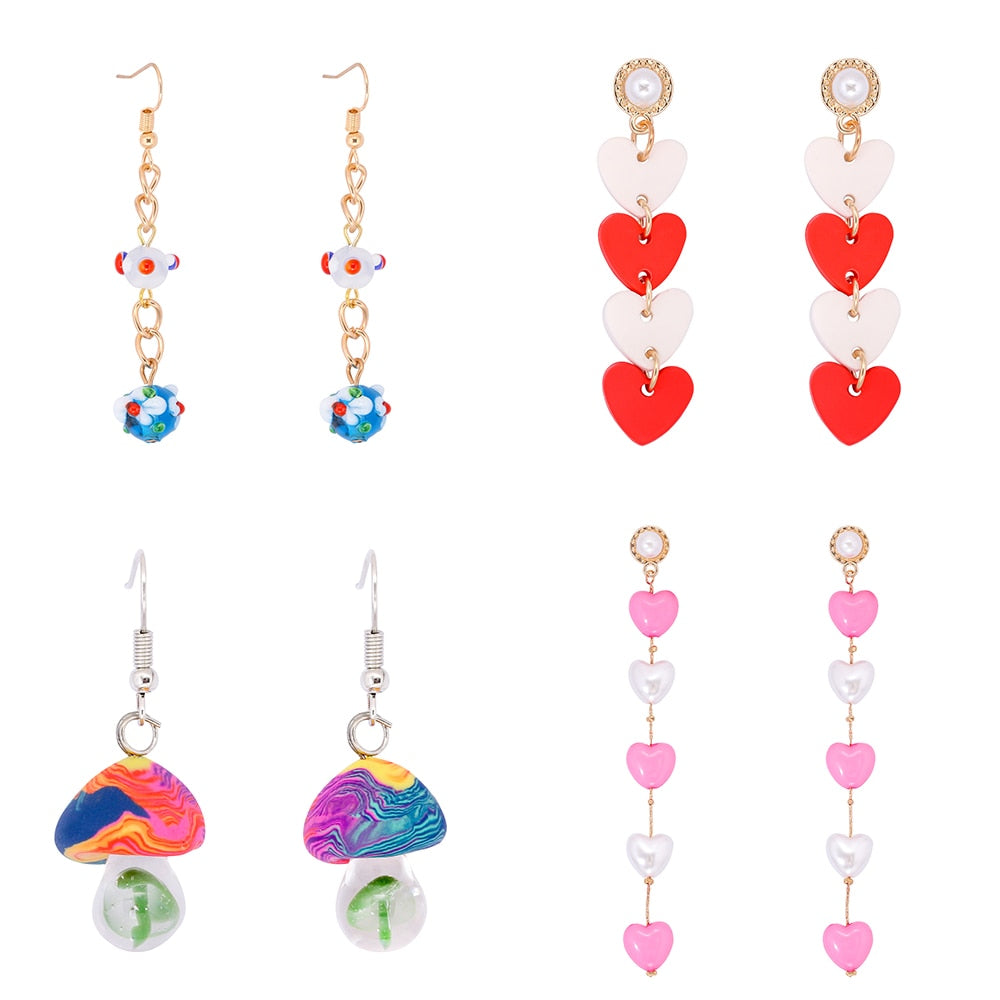 New Summer Cute Pink Heart Tassel Earrings Acrylic Pearl Drop Dangle Earrings