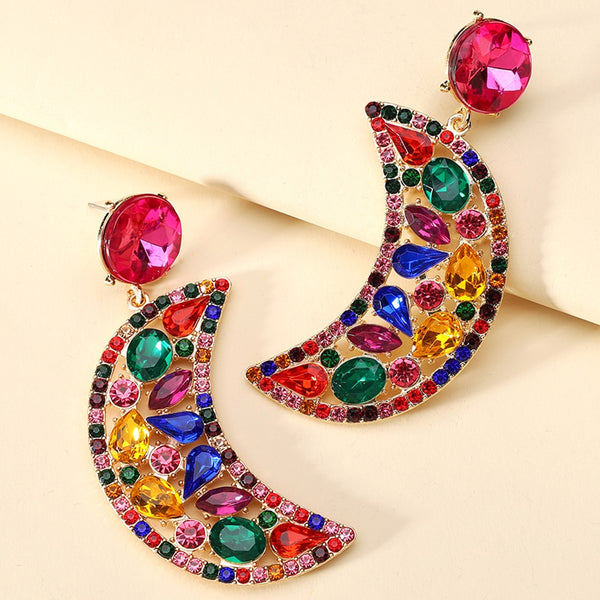 Bohemian Multicolored Sparkly Glass Sailor Moon Large Dangle Earrings For Women