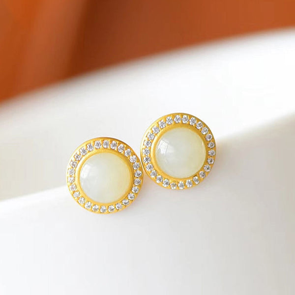 Ancient gold craftsmanship with diamonds natural Hetian white jade round earrings for women