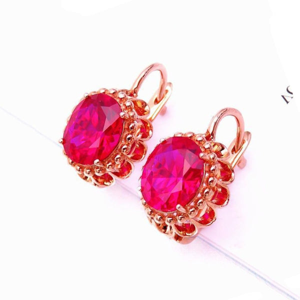 585 Purple Gold Plated 14K Rose Gold Inlaid Ruby Flower Earrings For Women