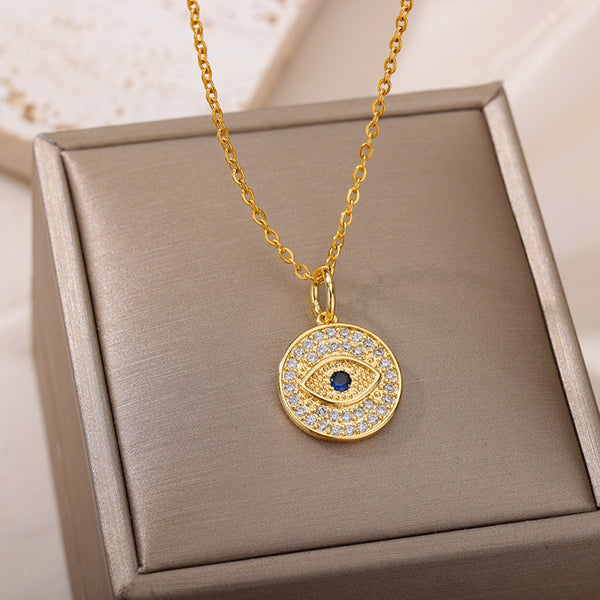 Zircon Turkish Evil Eye Female Necklace Gold Color Stainless Steel Chain