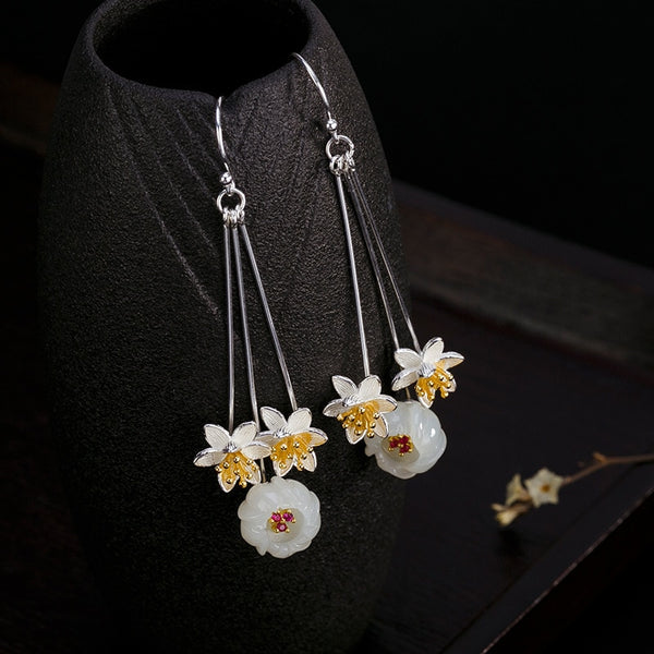 S925 Silver Natural Hotan Jade plum blossom earrings for women