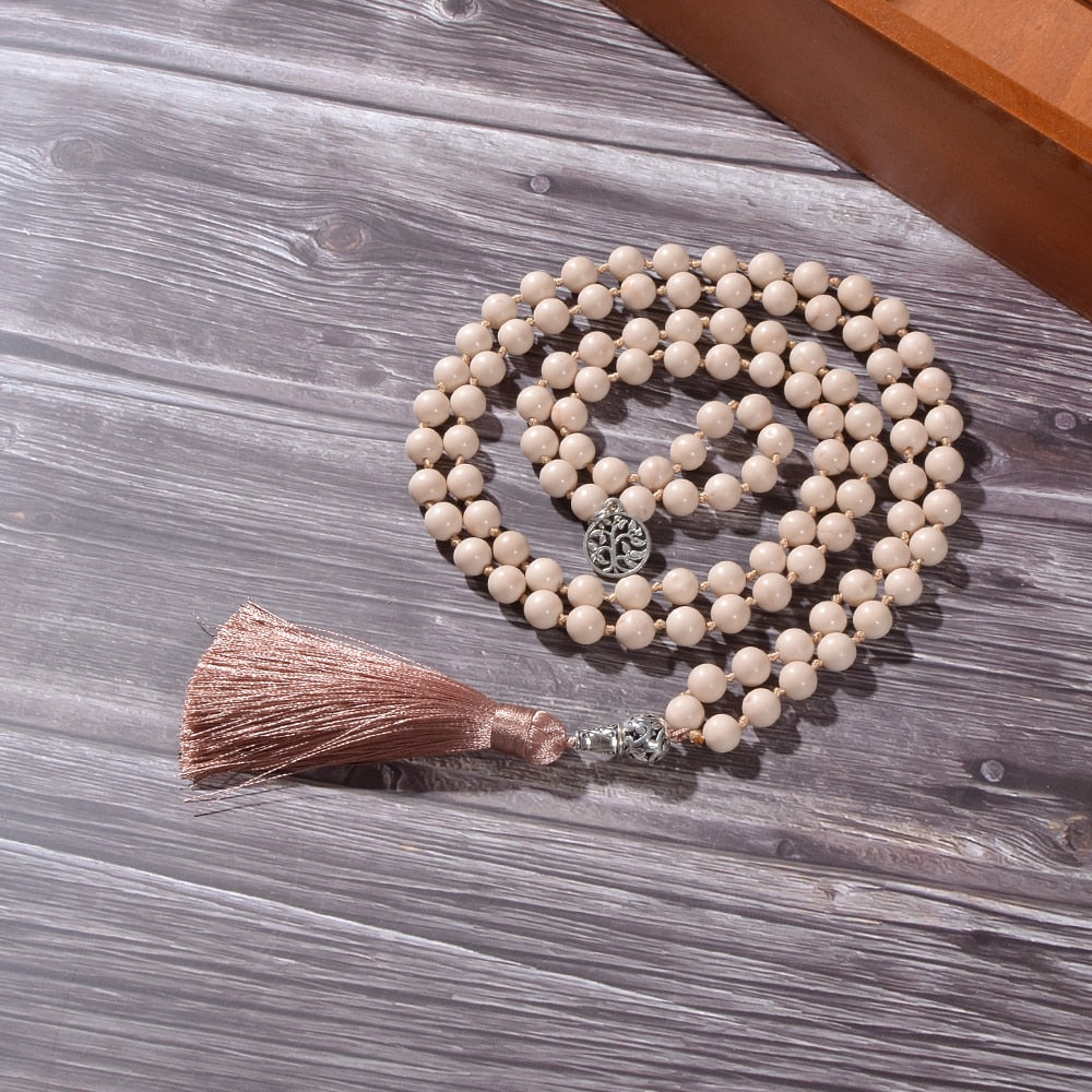 8mm White Fossil Beads Knotted 108 Mala Necklace Meditation Prayer Yoga Jewelry