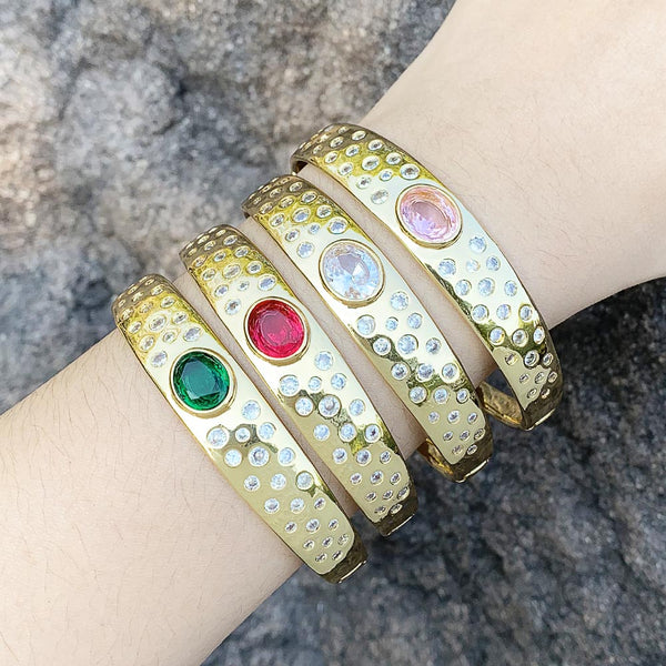 Chunky Wide Cuff Bangles for Women Copper Gold Plated Round Crystal Bangles CZ Rhinestone