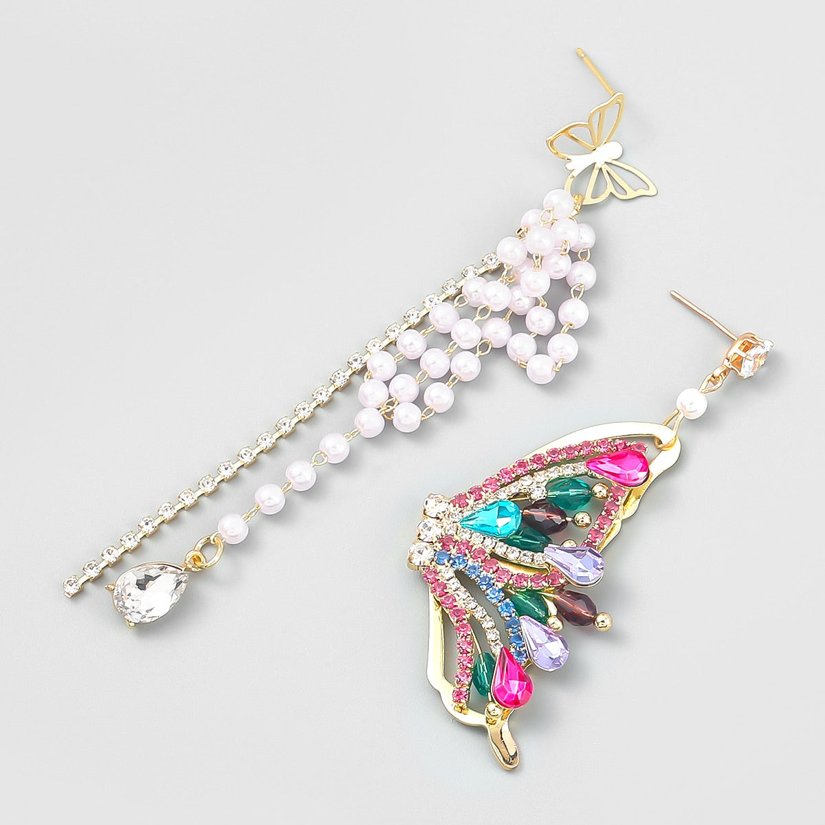 Pauli Manfi Trend Metal Rhinestone Imitation Pearl Butterfly Asymmetric Dangle Earrings