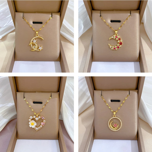 Gold Plated Multi Style Temperament Moon Star Flower Pendant Girl Necklace