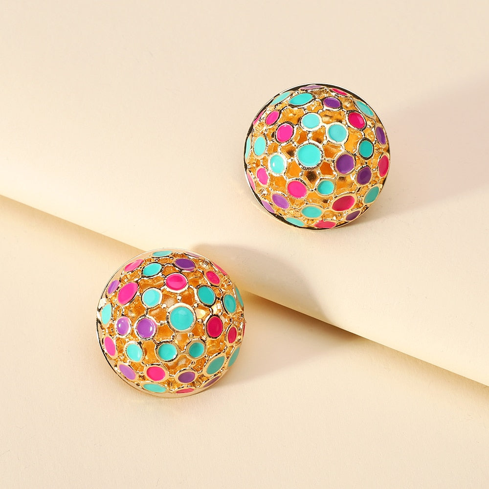 Bohemian Round Enamel Metal Stud Earrings For Women