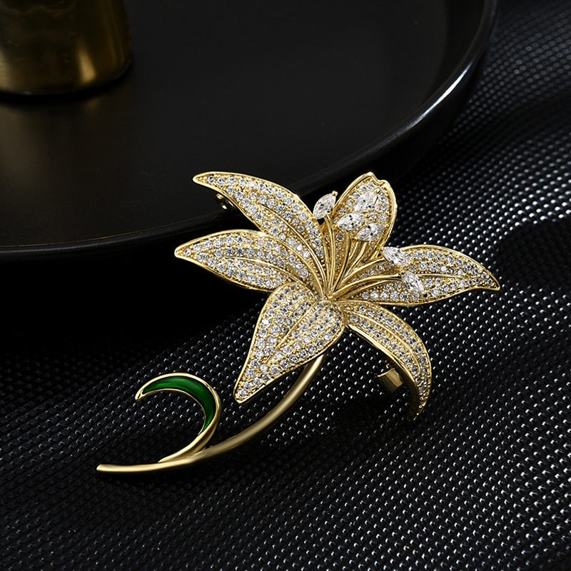 Luxury Copper Micro Inlaid Cubic Zirconia Lily Brooch