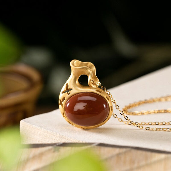 Original unique ancient gold craft inlaid southern red tourmaline pendant