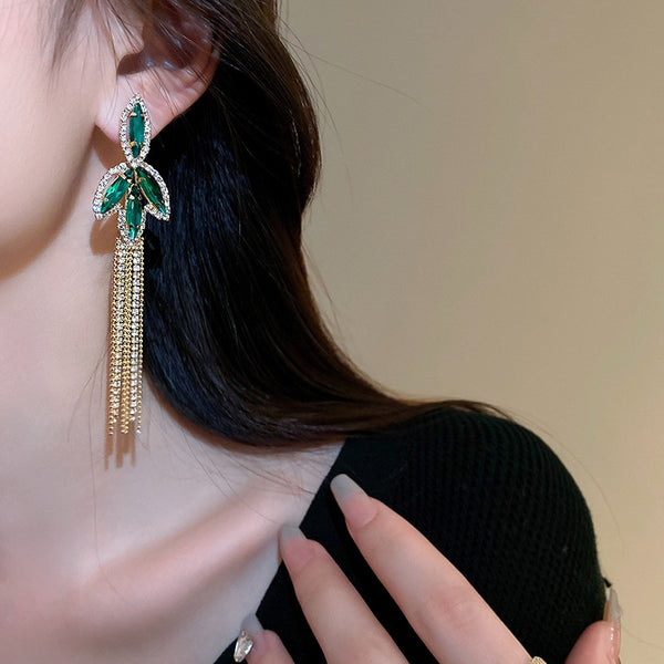 Statement Shinning Rhinestones Green Leaf Tassel Long Earrings For Women