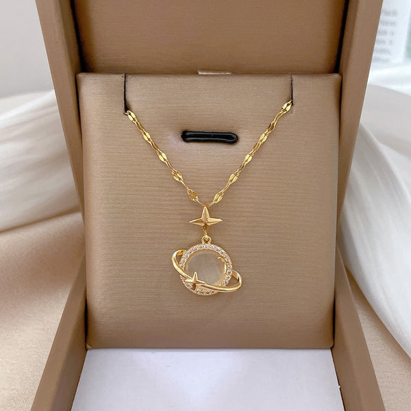 Gold Color Opal Planet Star Pendant Necklace For Women