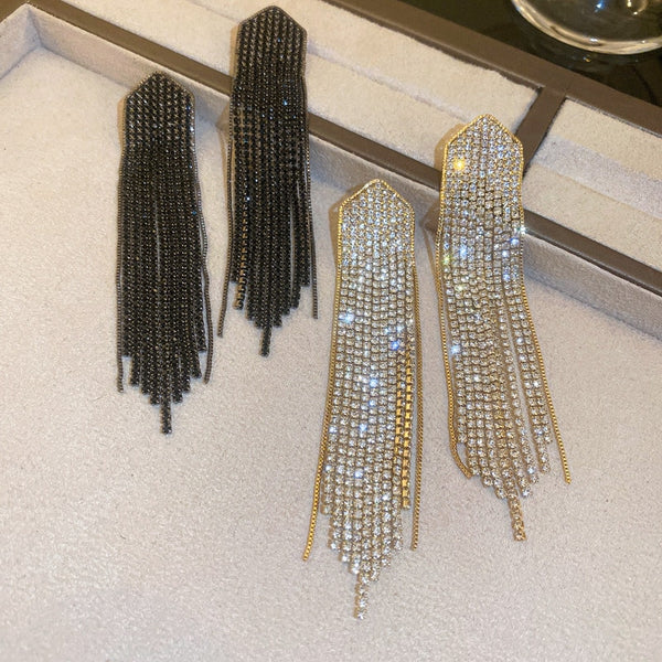 Long Tassel Drop Earrings for Women Gold Color Black Rhinestone Dangle Earrings