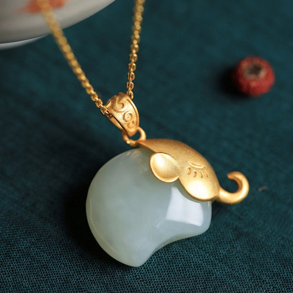 Natural Hotan White Jade Cute Small elephant Pendant Necklace