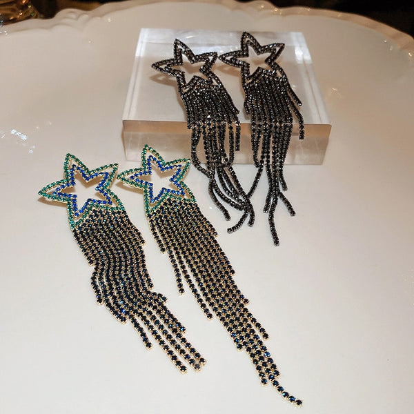 Long Tassel Rhinestone Drop Earrings for Women Pentagram Black Blue Crystal Dangle Earrings