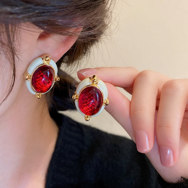 Statement Fashion Baroque Black Red Oval Big Stud Earrings For Women