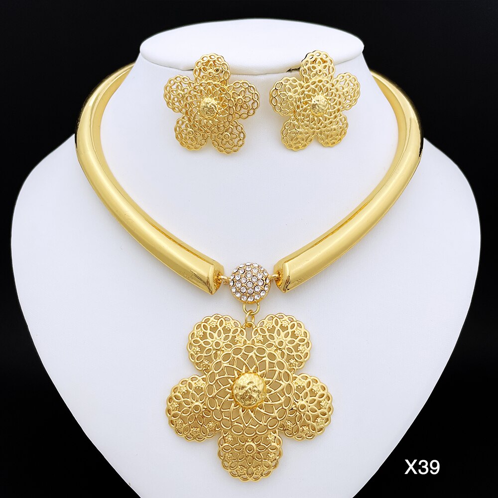 Necklace With Earrings For Women Square Large Pendant Brazilian Gold Jewelry Set